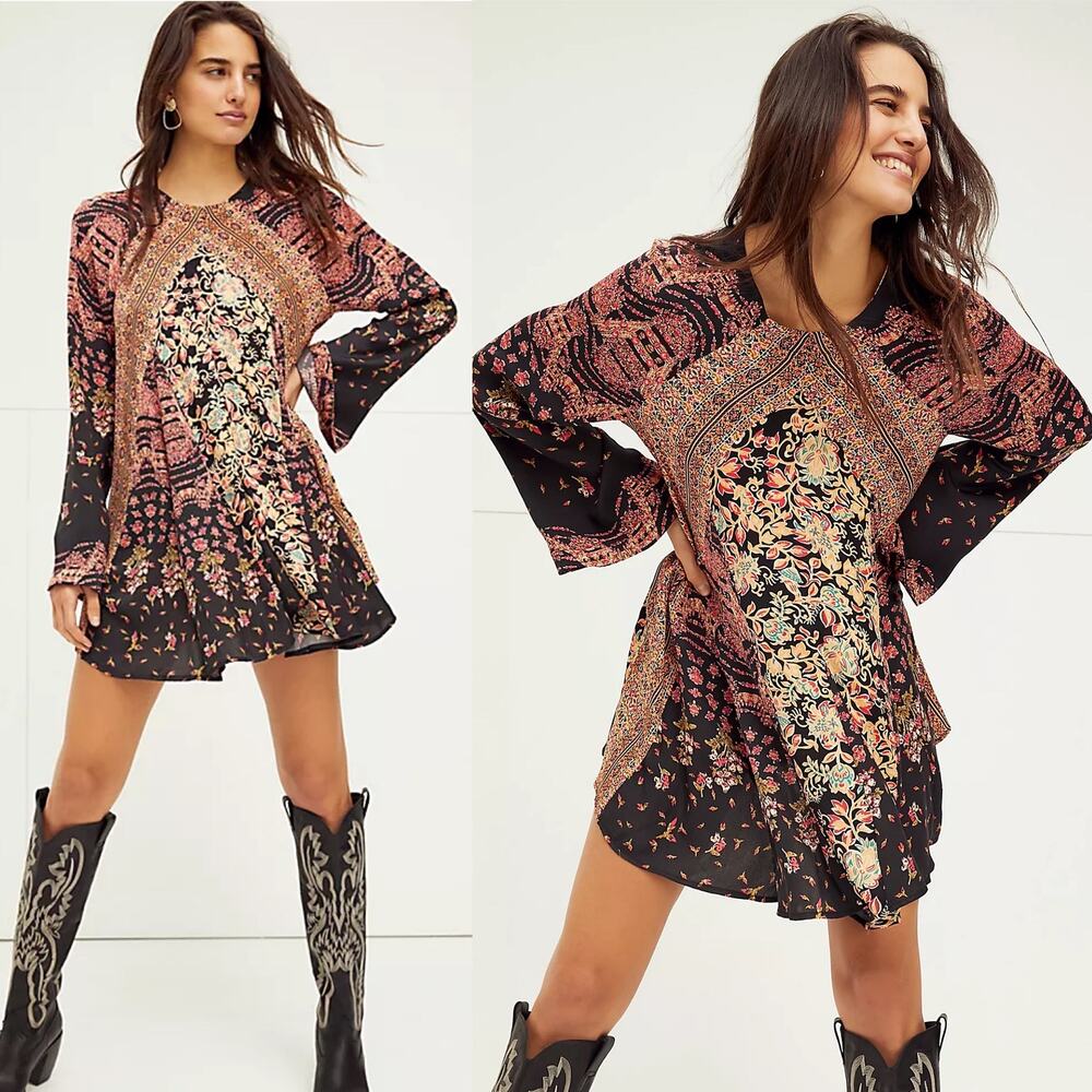 NWOT Free People Stevie Floral Paisley Long Bell Sleeve Tie Back Tunic Dress XS